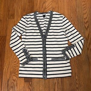 J Crew Metallic-trim‎ V-Neck striped cardigan sweater Navy Ivory XS preppy